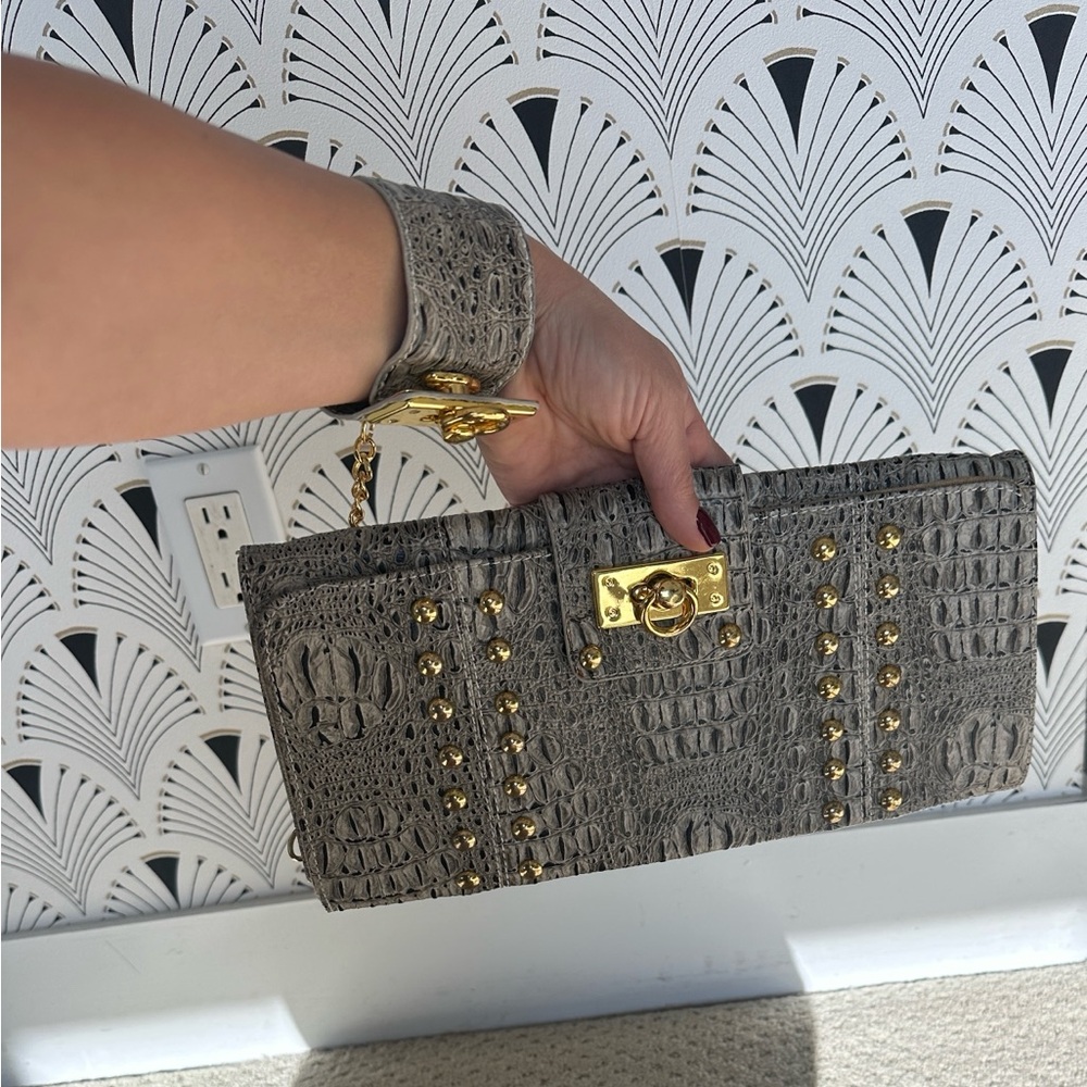 Nila Anthony Gray Crocodile-Embossed Clutch with Gold Accents